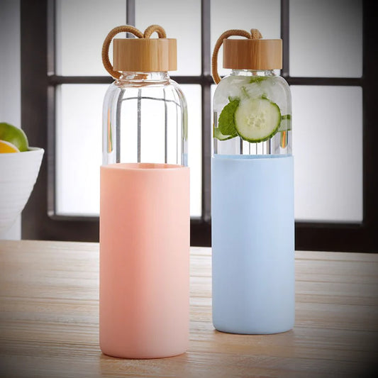 Glass Water Bottle with Wooden Cap & Silicone Sleeve